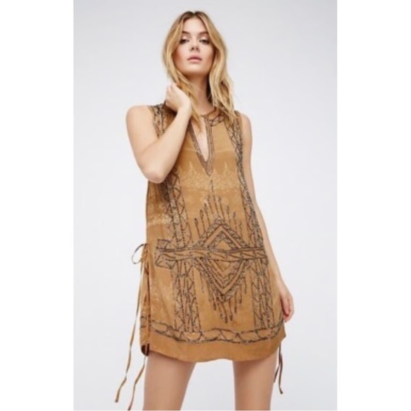 Free People Dresses & Skirts - Free People Love Story Party Boho Dress – Brown/Gold Metallic Beaded – Small